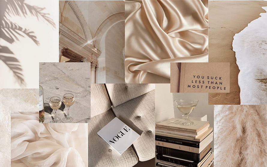 Elegant Beige Aesthetic Collage Featuring Silk, Marble, and Vintage Books HD wallpaper