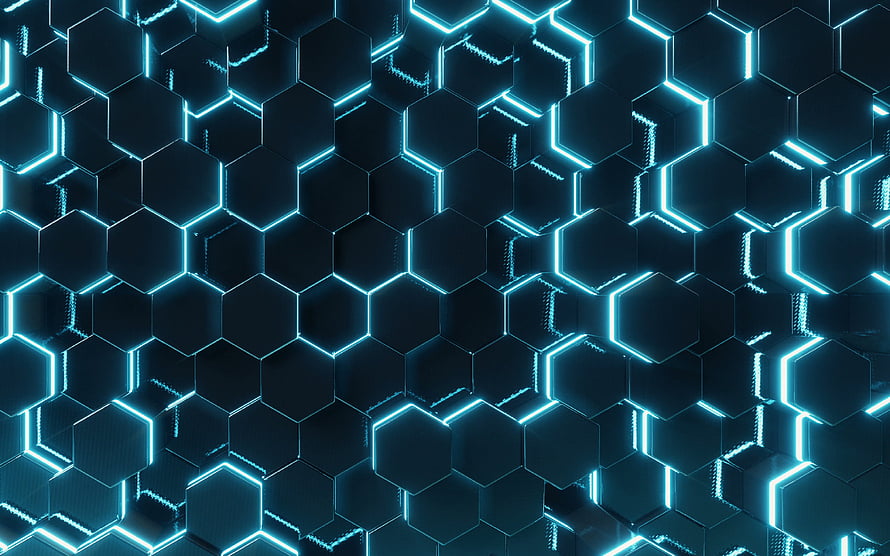Glowing Cyan Hexagonal Grid with 3D Depth and Neon Light Effects HD wallpaper