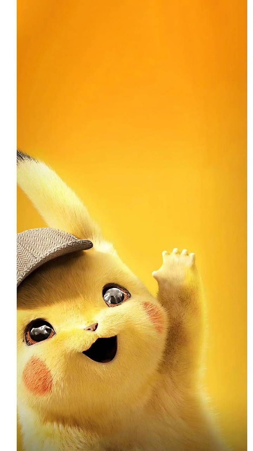 Detective Pikachu Waving Hello in a Herringbone Cap Against a Warm Yellow Background HD phone wallpaper