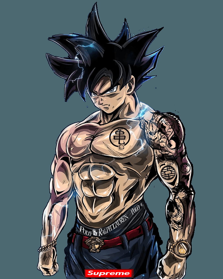 Goku in Supreme Streetwear with Tattoos and Electric Aura HD phone wallpaper
