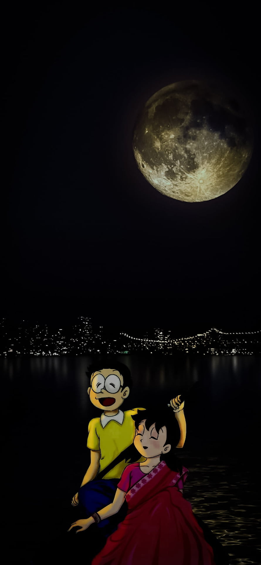 Nobita and Shizuka gazing at a full moon over a city skyline at night HD phone wallpaper