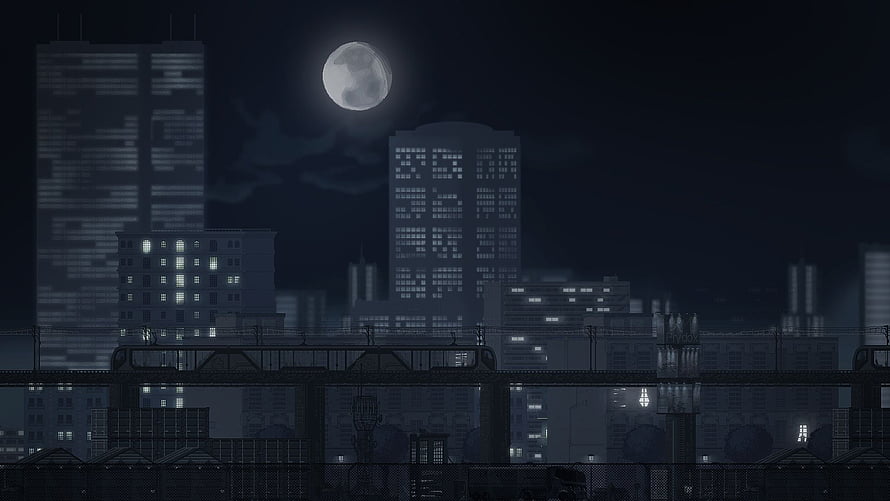 Moody Pixel Art Cityscape at Night with Full Moon and Industrial Skyline HD wallpaper