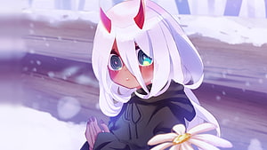 Zero Two from Darling in the Franxx in a snowy winter scene with a daisy HD wallpaper