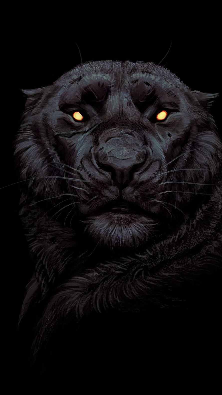 Dark Digital Painting of a Black Tiger with Glowing Amber Eyes HD phone wallpaper