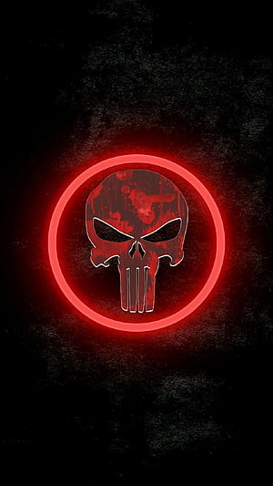 Glowing Red Punisher Skull Emblem on Dark Grunge Background HD phone wallpaper