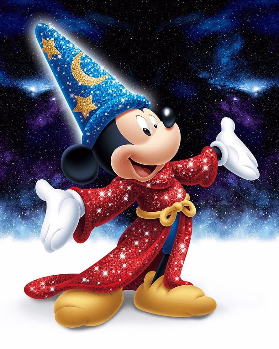 Mickey Mouse as the Sorcerer of Disney's Fantasia in a Sparkling Red Robe and Starry Blue Hat HD phone wallpaper