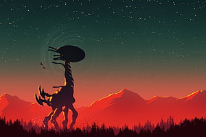 Horizon Zero Dawn Tallneck Silhouette Against Fiery Mountain Sunset HD wallpaper