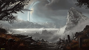 Halo Reach Alien Landscape with Ringworld Arc and Misty Mountain Valley HD wallpaper