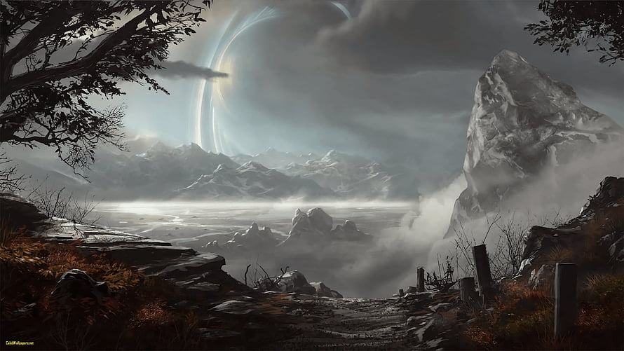 Halo Reach Alien Landscape with Ringworld Arc and Misty Mountain Valley HD wallpaper