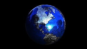 Stylized 3D Earth Globe with Glowing Blue Oceans and Metallic Continents Against Black Space HD wallpaper