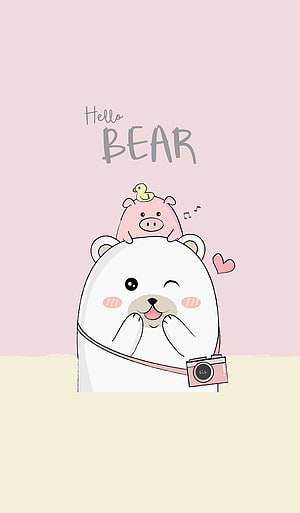 Cute Cartoon Bear With Pig And Duck On Head Holding Camera HD phone wallpaper