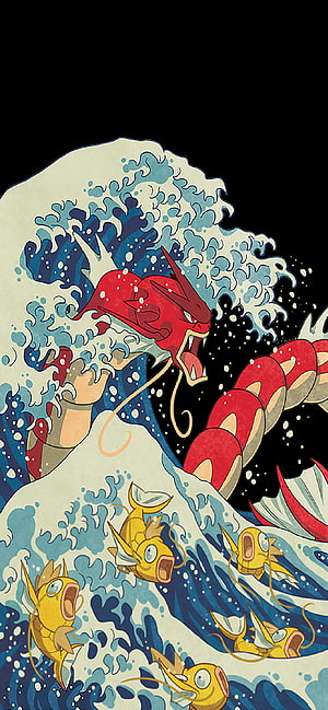Red Gyarados and Magikarp in a Ukiyo-e Style Wave Illustration HD phone wallpaper