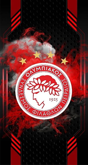 Olympiacos FC Crest with Red Smoke and Four Stars on Black Perforated Background HD phone wallpaper