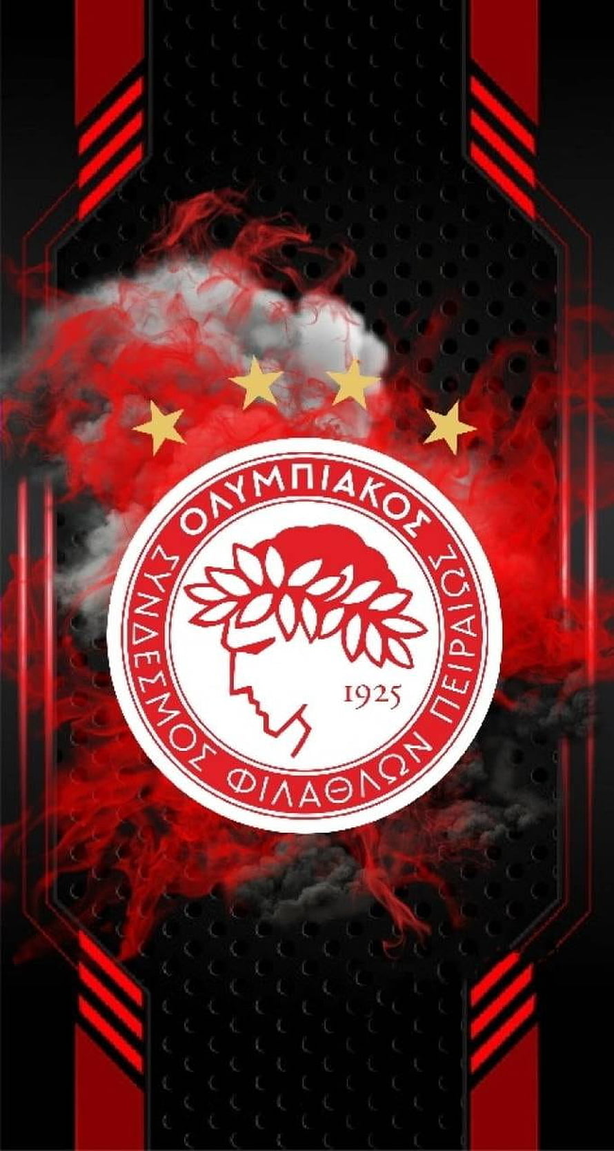 Olympiacos FC Crest with Red Smoke and Four Stars on Black Perforated Background HD phone wallpaper