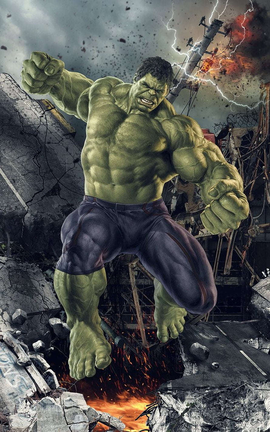 Hulk Leaping Through Destroyed Cityscape Amidst Lightning and Fire HD phone wallpaper