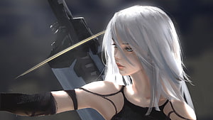 NieR Automata A2 Character Artwork with Silver Hair and Dark Attire HD wallpaper