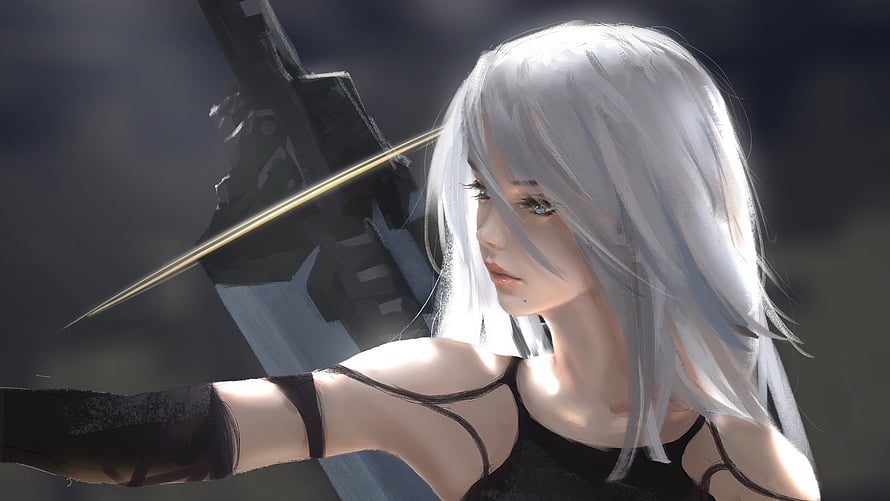 NieR Automata A2 Character Artwork with Silver Hair and Dark Attire HD wallpaper