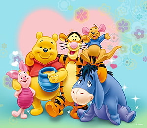 Winnie the Pooh, Tigger, Piglet, Eeyore, and Roo in a cheerful group portrait against a pastel floral background HD wallpaper