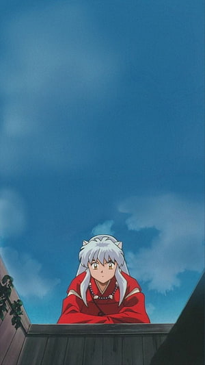 Inuyasha Anime Character Leaning on Wooden Wall Under Blue Sky HD phone wallpaper