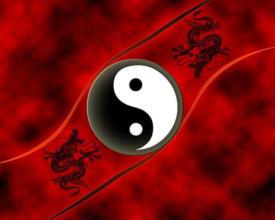 Red Yin Yang Symbol with Chinese Dragon Illustrations and Flowing Curves HD wallpaper