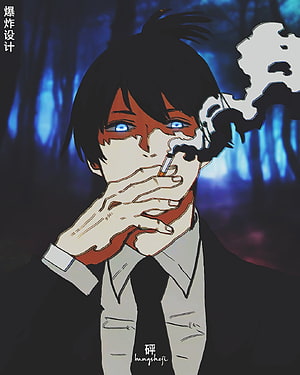 Aki Hayakawa Anime Character Smoking in Dark Forest with Blue Eyes and Suit HD phone wallpaper