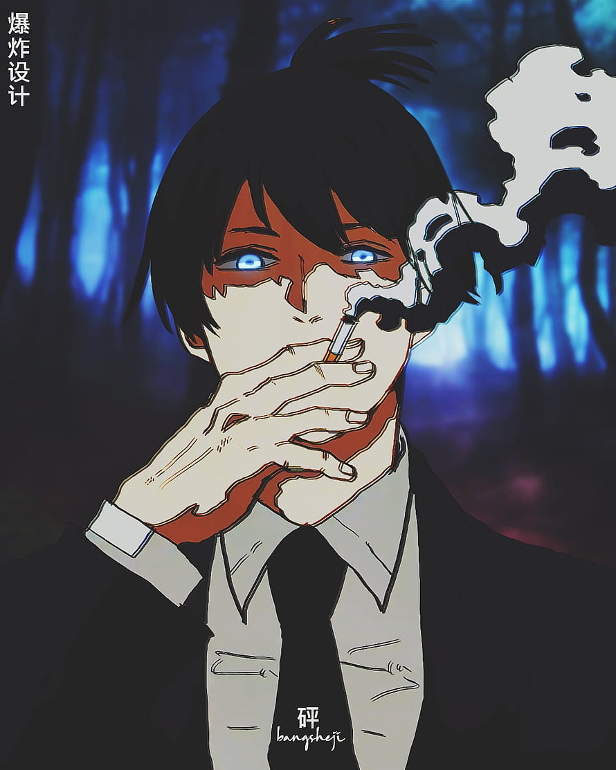 Aki Hayakawa Anime Character Smoking in Dark Forest with Blue Eyes and Suit HD phone wallpaper