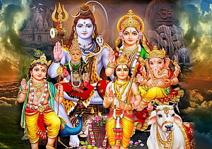 Shiv Parivar Family Portrait with Ganesha, Parvati, and Nandi in Traditional Indian Art HD wallpaper