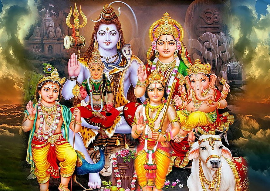 Shiv Parivar Family Portrait with Ganesha, Parvati, and Nandi in Traditional Indian Art HD wallpaper