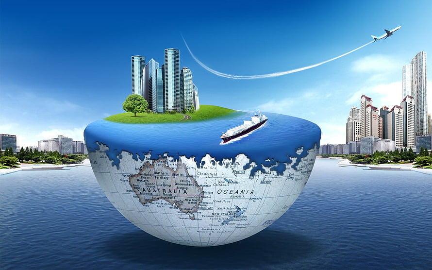 Global Travel Concept with Australia Map, City Skyline, Airplane and Cruise Ship HD wallpaper