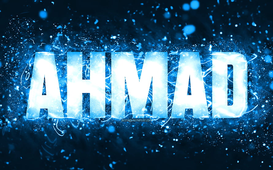 Ahmad Name in Glowing Blue Neon with Electric Sparks and Particle Effects HD wallpaper