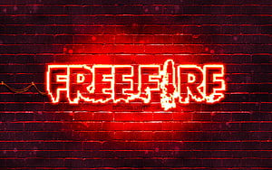 Garena Free Fire red neon logo glowing on a dark brick wall background HD wallpaper