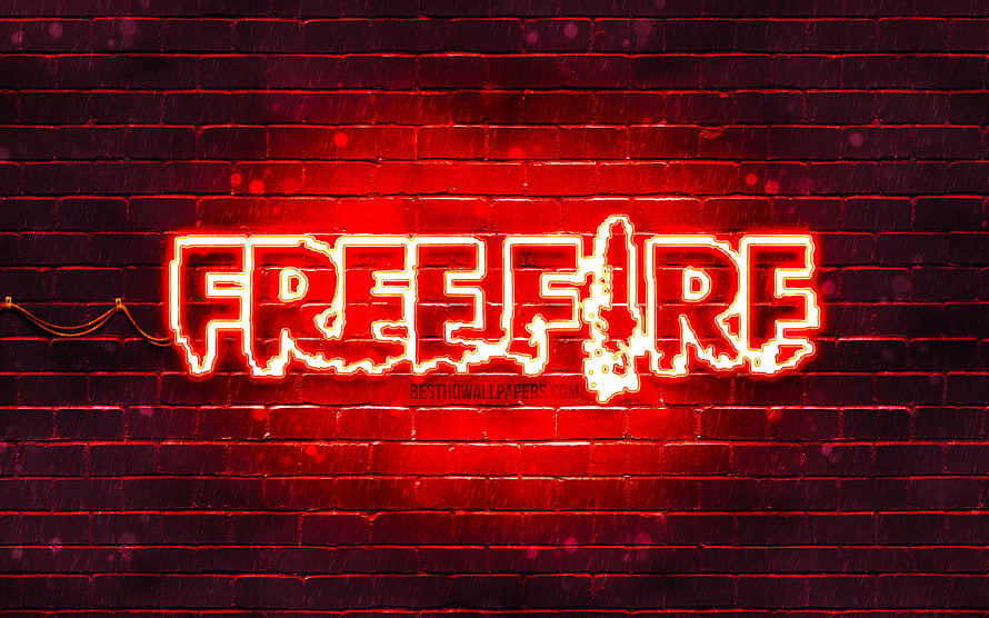 Garena Free Fire red neon logo glowing on a dark brick wall background HD wallpaper