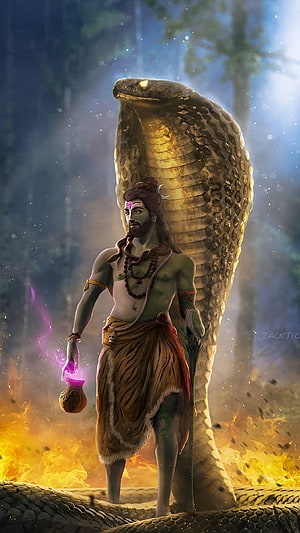 Lord Shiva with Cobra Serpent and Trishul in Mystical Forest Setting HD phone wallpaper