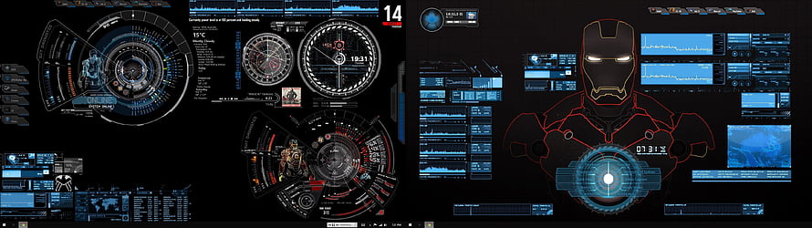 Iron Man HUD Interface with Tactical Dials and Armor Schematic on Dual Monitor Layout HD wallpaper