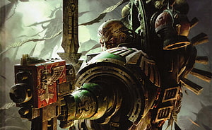Dark Angels Space Marine in Heavy Power Armor Holding Boltgun HD wallpaper