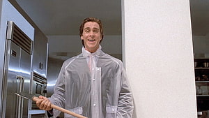 Patrick Bateman in Transparent Raincoat Holding Axe in American Psycho Kitchen HD wallpaper