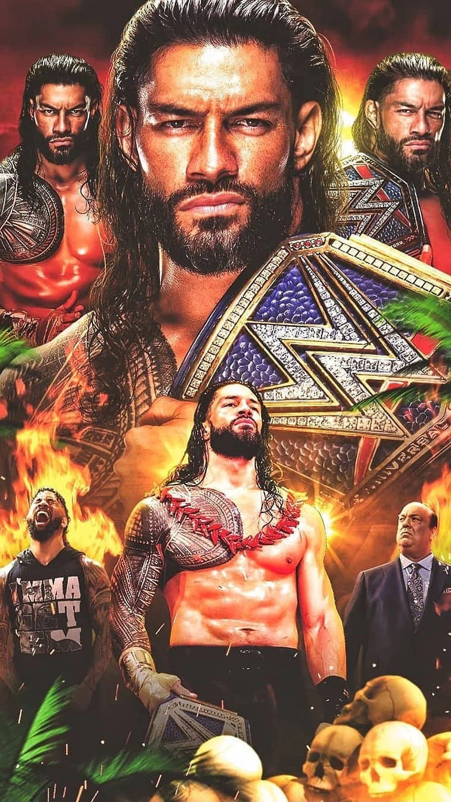 Roman Reigns WWE Universal Championship Collage with Skulls and Fire HD phone wallpaper