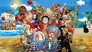 One Piece Straw Hat Crew Celebrating on a Beach with Treasure and the Thousand Sunny HD wallpaper