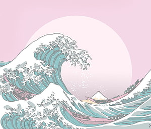 Pastel Japanese Ukiyo-e Wave Illustration with Mount Fuji and Traditional Boats HD wallpaper