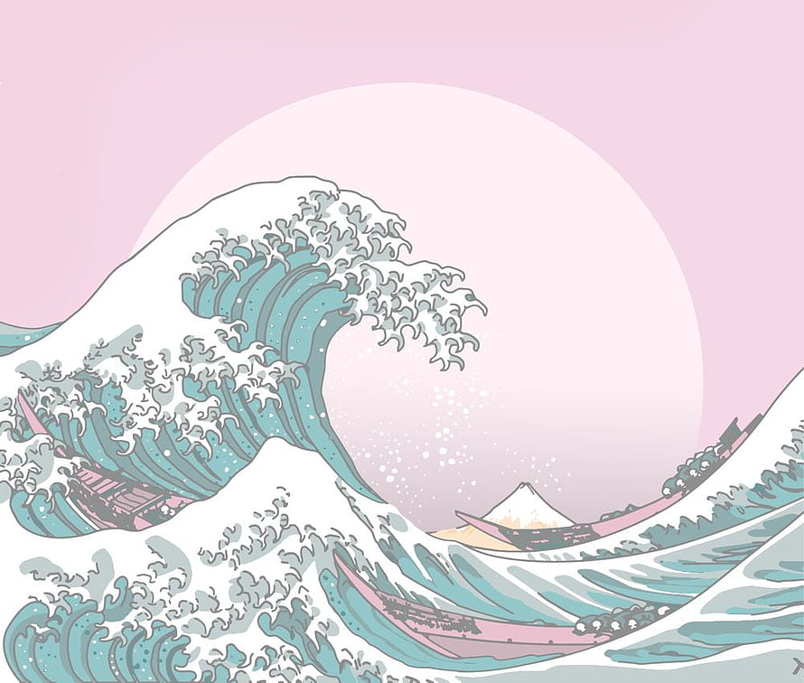 Pastel Japanese Ukiyo-e Wave Illustration with Mount Fuji and Traditional Boats HD wallpaper