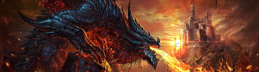 Majestic Black Dragon Breathing Fire Toward a Distant Castle in a Dramatic Fantasy Landscape HD wallpaper