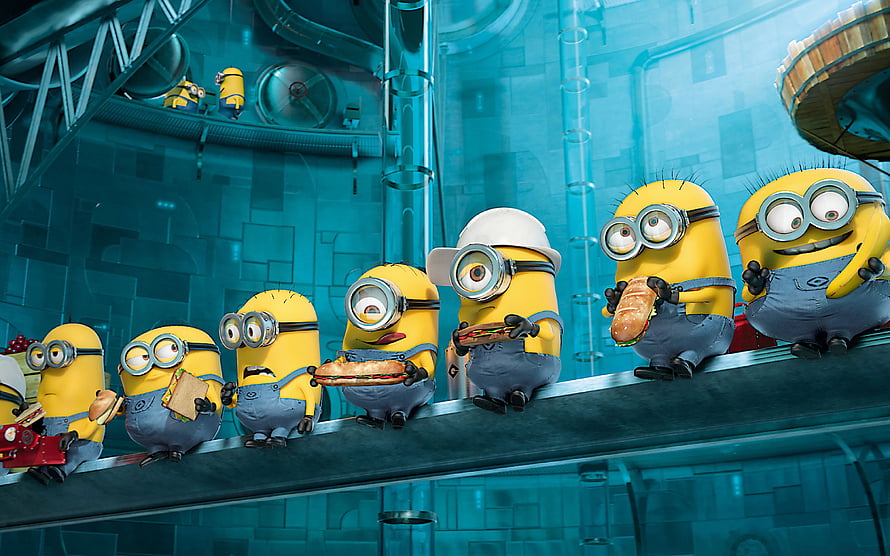 Minions Eating Sandwiches on a Conveyor Belt in a Blue Industrial Lab HD wallpaper