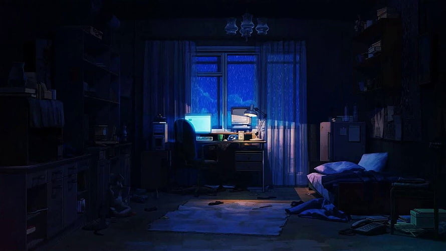 Moody Lo-Fi Bedroom Interior with Glowing Desk Setup and Rainy Night Window HD wallpaper