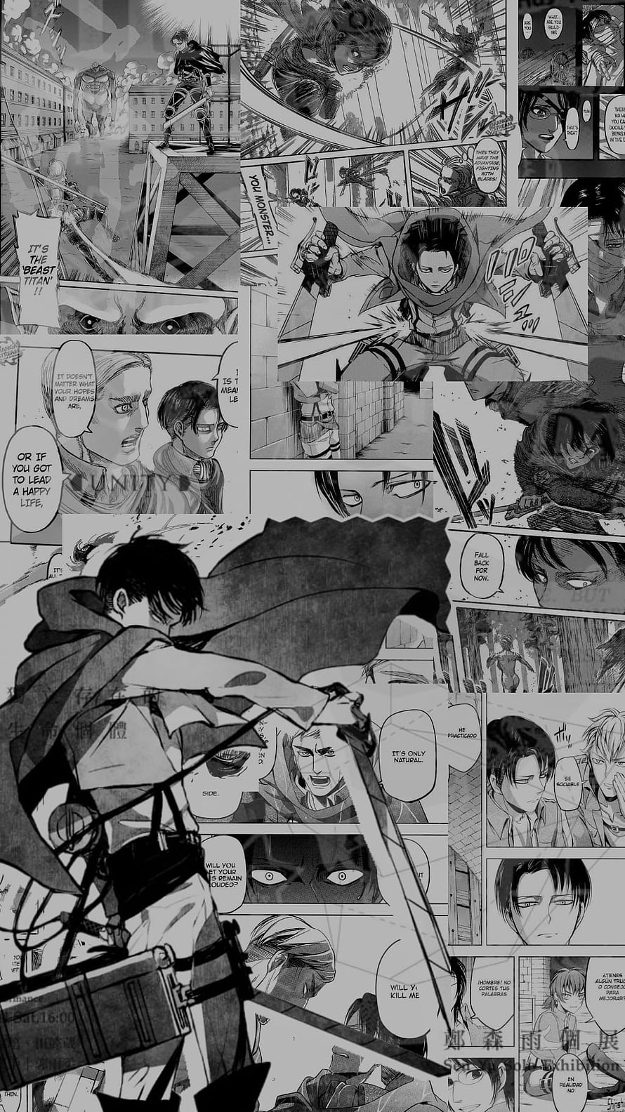 Attack on Titan manga panel collage featuring Eren Yeager in dramatic black and white action scenes HD phone wallpaper