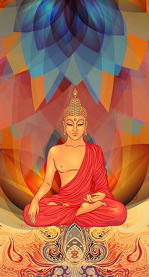 Meditating Buddha in Red Robe with Geometric Mandala Background and Ornate Floral Base HD phone wallpaper