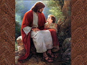 Jesus Christ Sitting With a Child in a Serene Garden Setting HD wallpaper