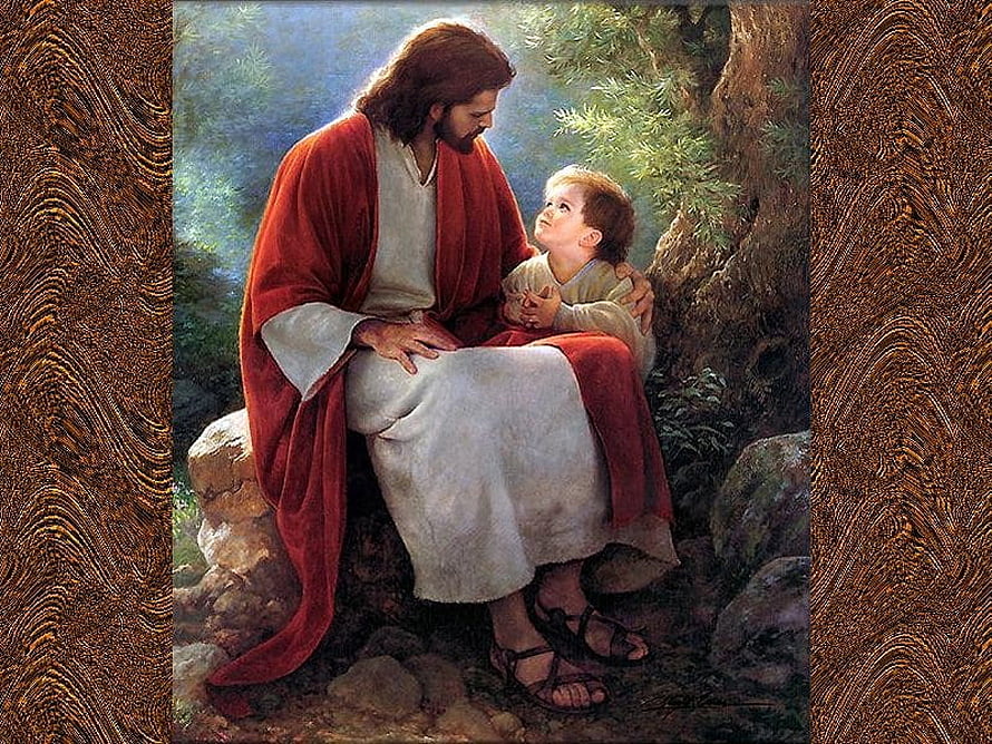 Jesus Christ Sitting With a Child in a Serene Garden Setting HD wallpaper