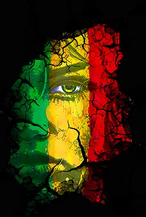 Cracked Portrait of Bob Marley in Rasta Flag Colors with Green Yellow and Red Palette HD phone wallpaper