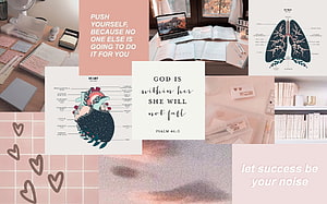 Aesthetic Study Desk Collage Featuring Anatomical Heart and Lungs Diagrams with Inspirational Bible Verses HD wallpaper
