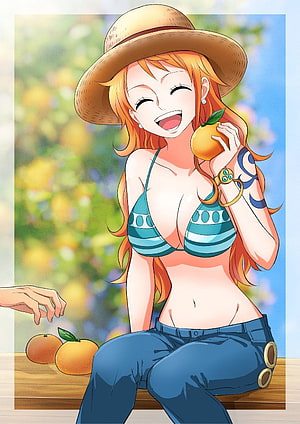 Nami from One Piece in a Straw Hat and Bikini Top Holding an Orange in a Sunny Orchard HD phone wallpaper
